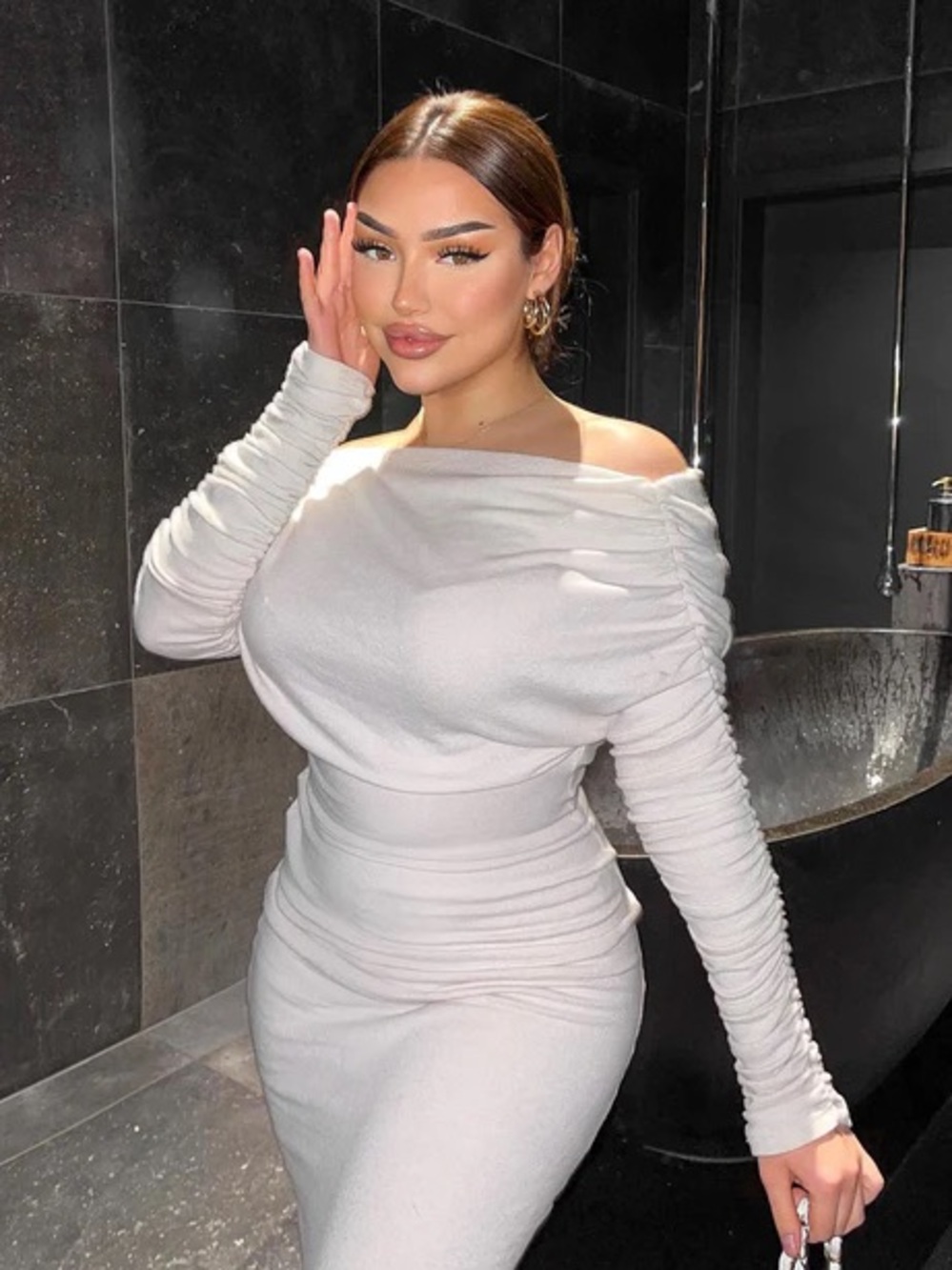 Fashion Nova Off-Shoulder Ruched Long Sleeve Bodycon Dress